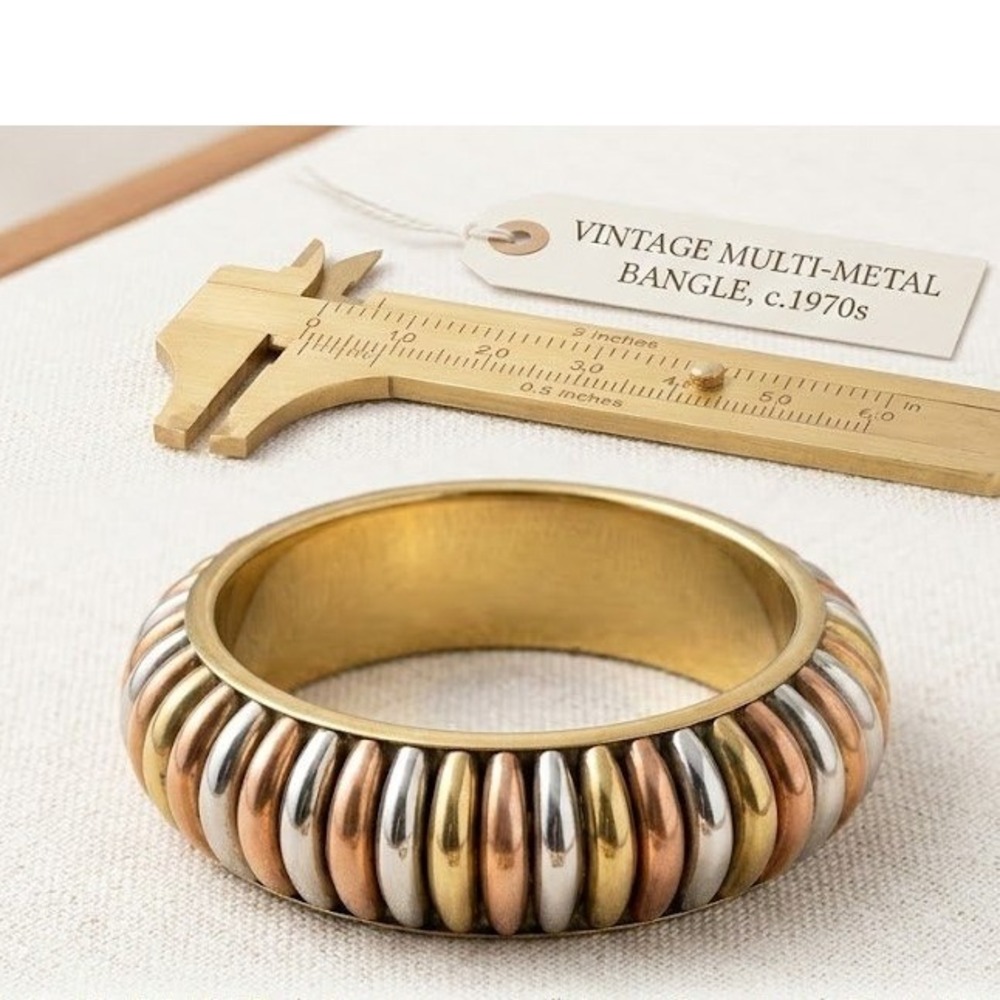 Vintage Mixed Metal Tri-Color Ribbed Bangle Bracelet‎ Gold Silver Copper Tone